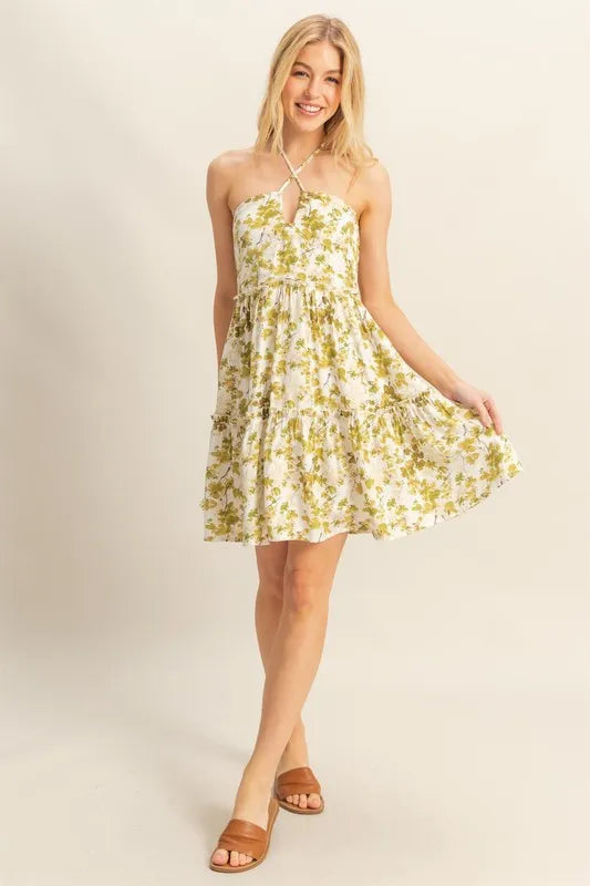 Floral Print Halter Neck Tiered Mini Dress