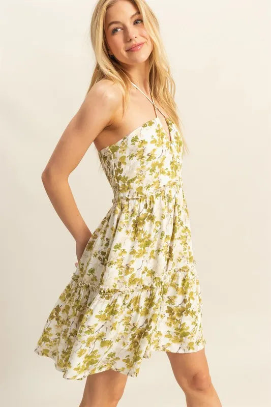 Floral Print Halter Neck Tiered Mini Dress