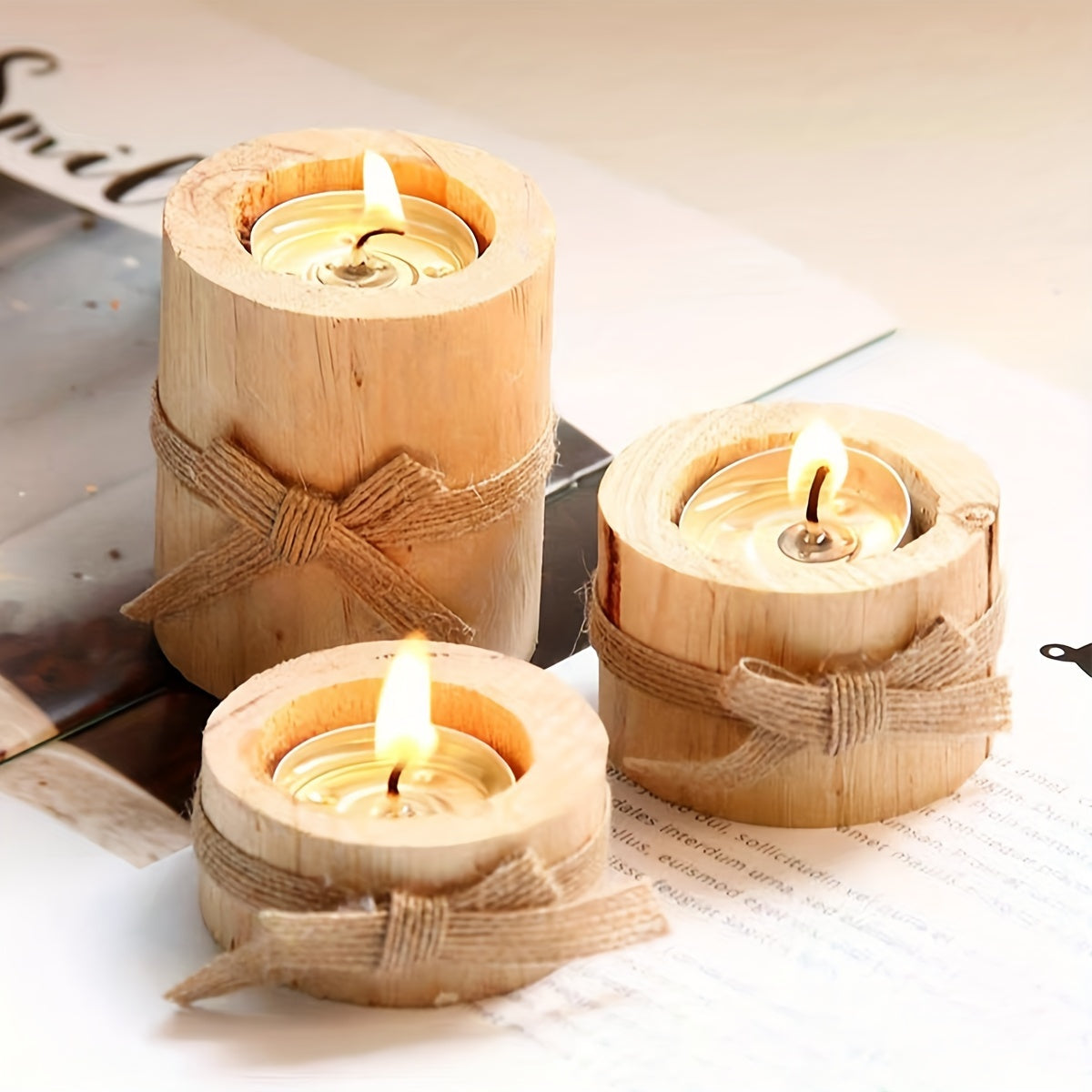 Wooden Cylindrical Candlesticks Set