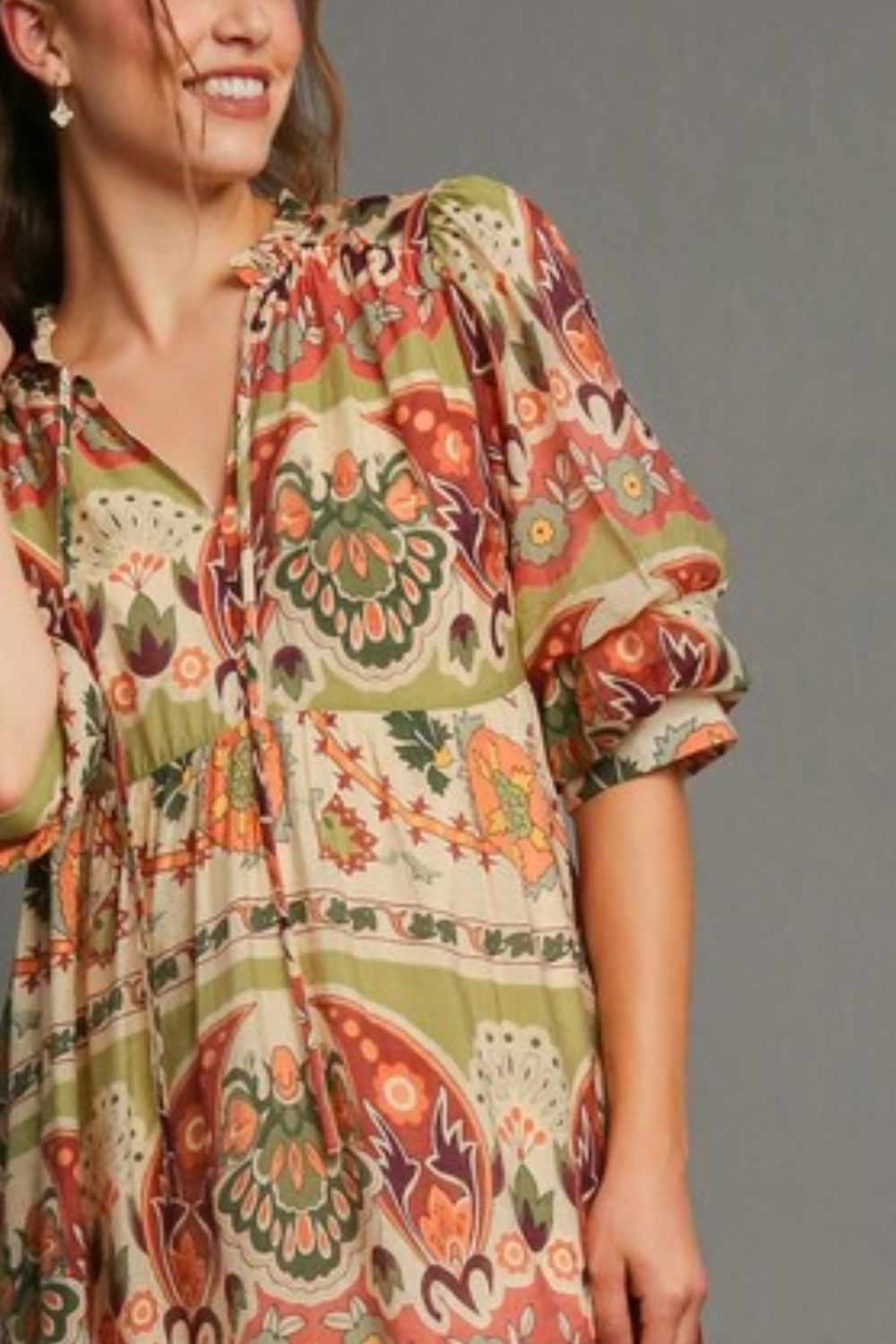 Full Size Tiered Border Print Midi Dress