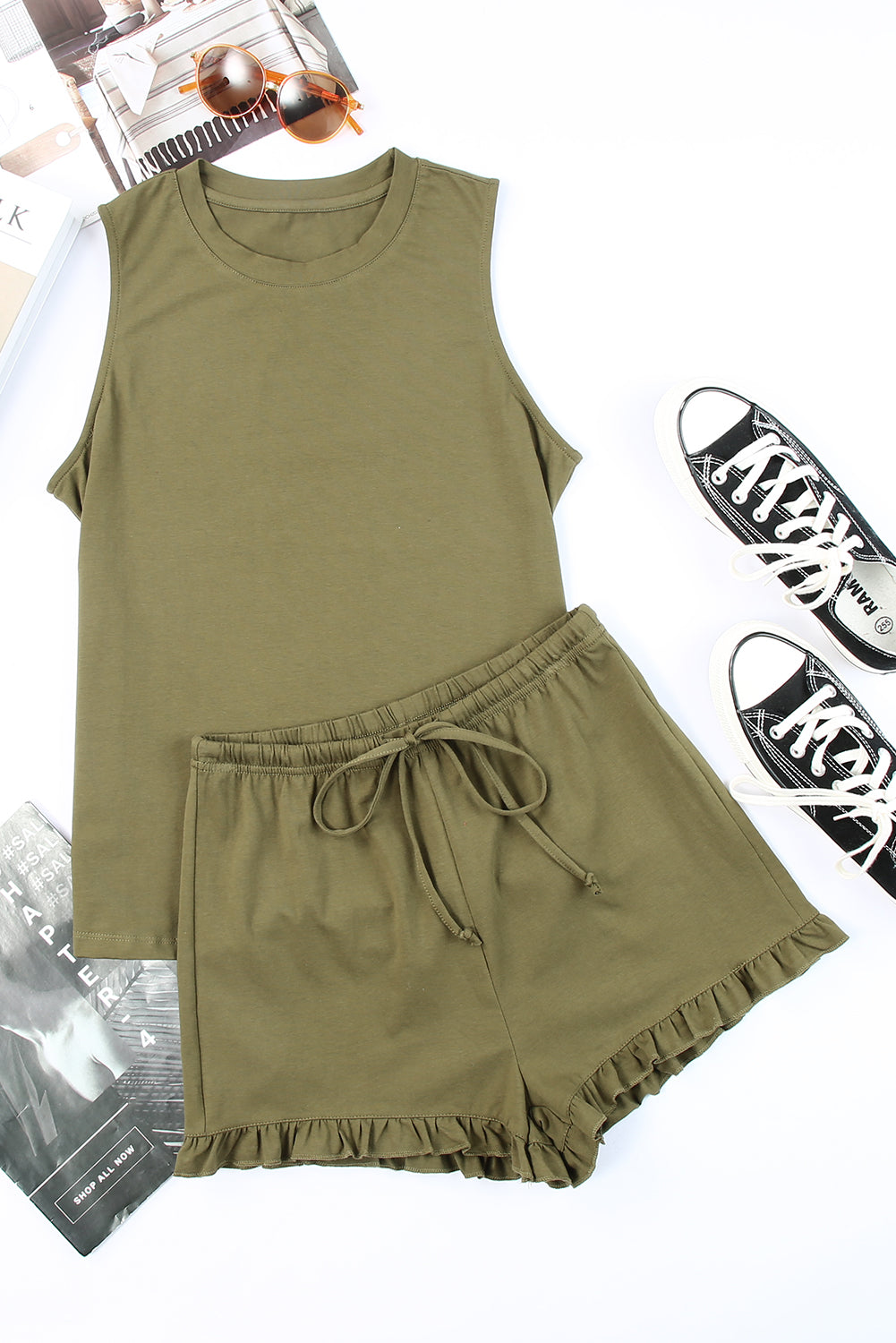 Crew Neck Tank & Ruffled Shorts Set