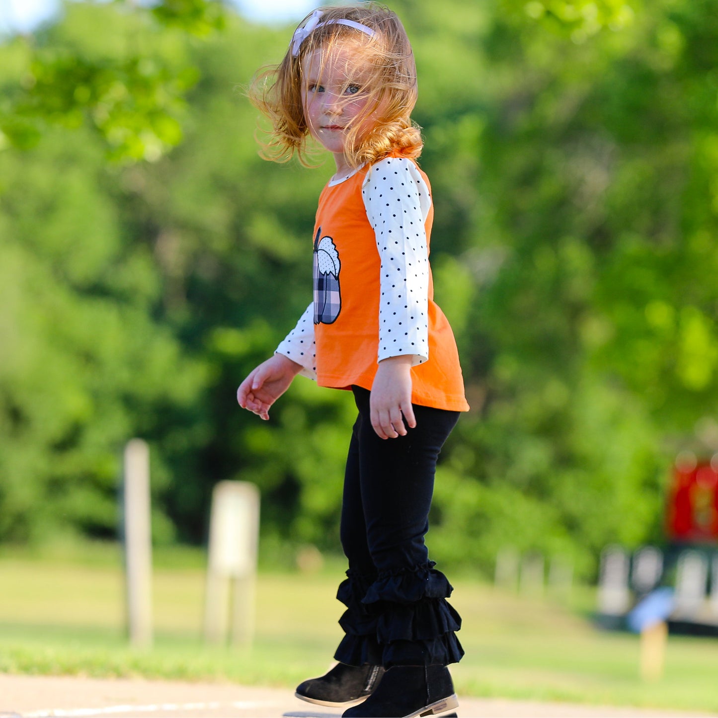 Pumpkin Top & Black Ruffle Pants Set