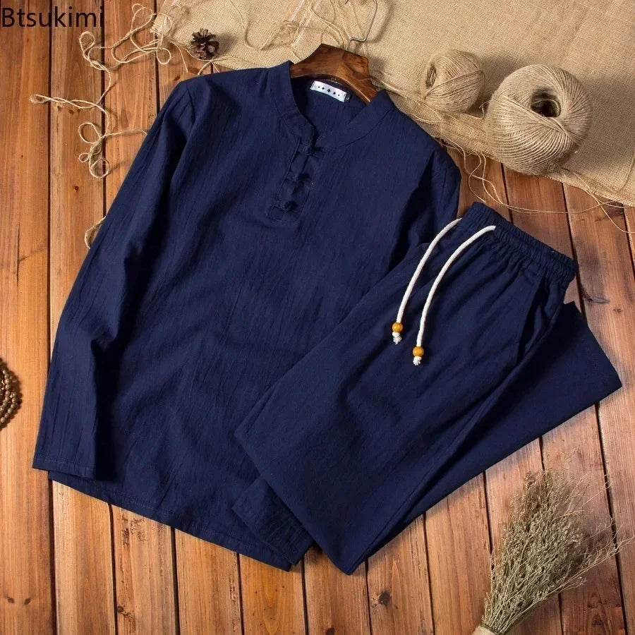 Cotton Linen Men's Long-sleeved Shirt & Pants