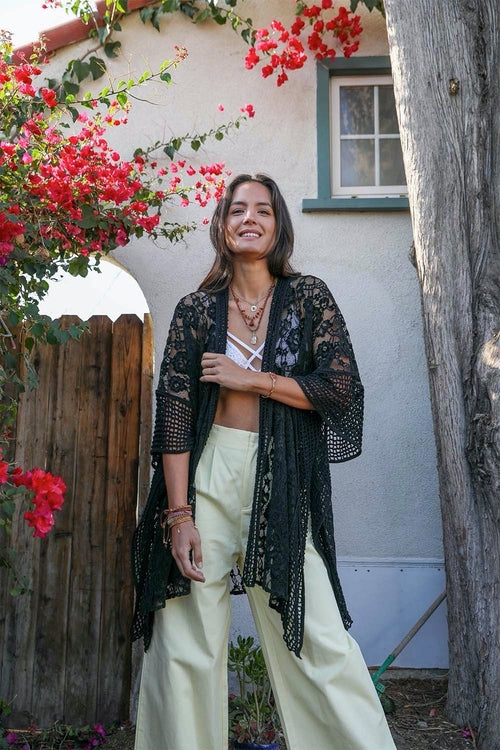 Open Front Floral Knit Kimono Cardigan