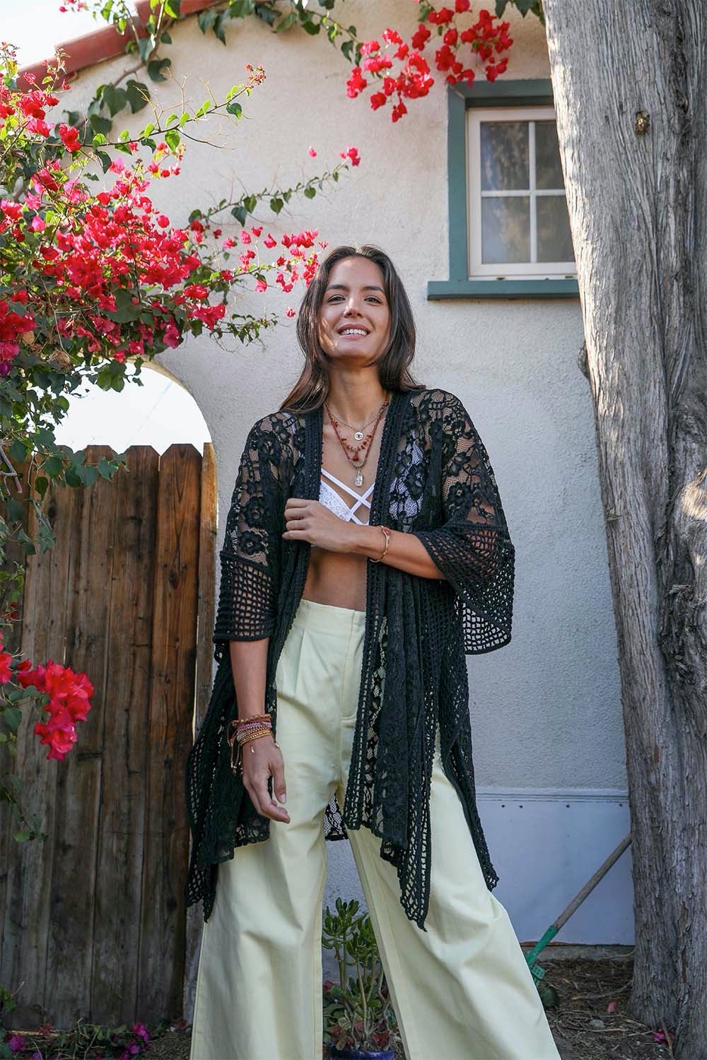 Open Front Floral Knit Kimono Cardigan