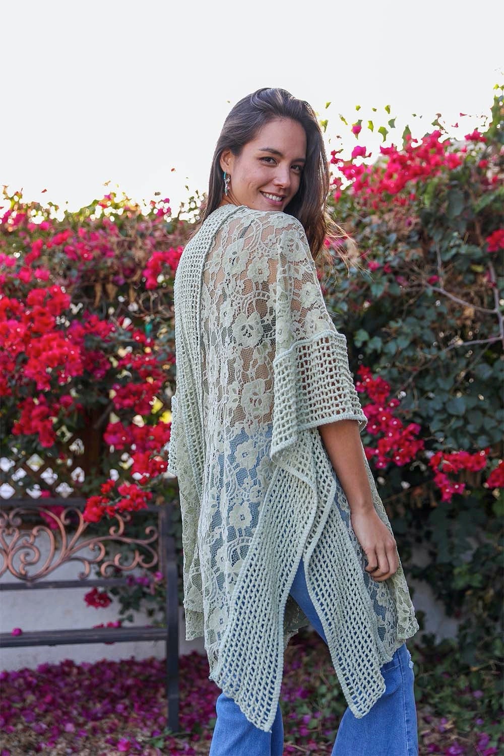 Open Front Floral Knit Kimono Cardigan