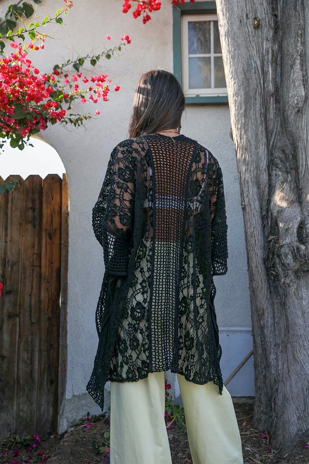 Open Front Floral Knit Kimono Cardigan