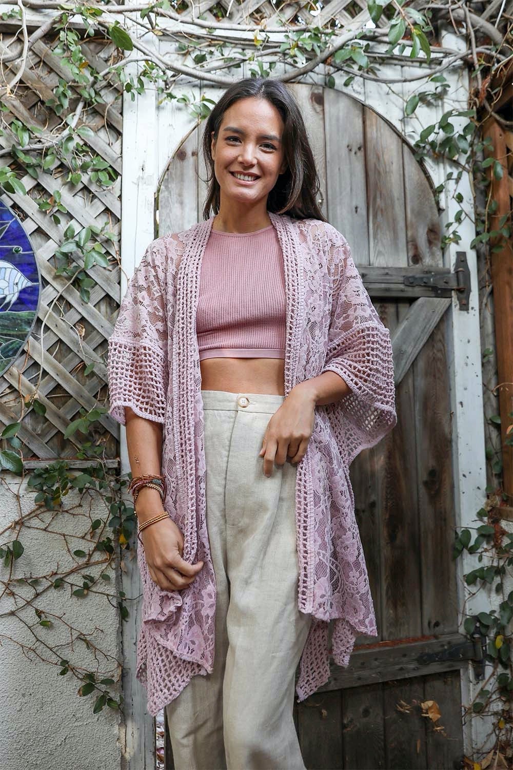 Open Front Floral Knit Kimono Cardigan