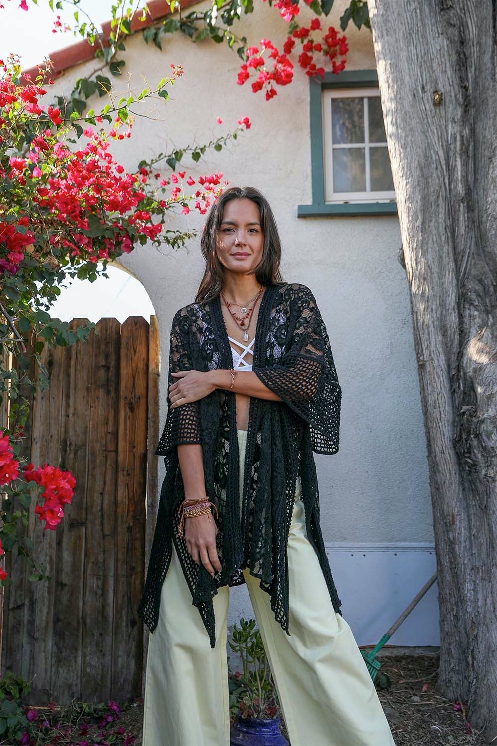 Open Front Floral Knit Kimono Cardigan