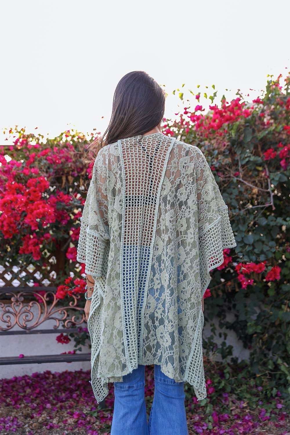 Open Front Floral Knit Kimono Cardigan