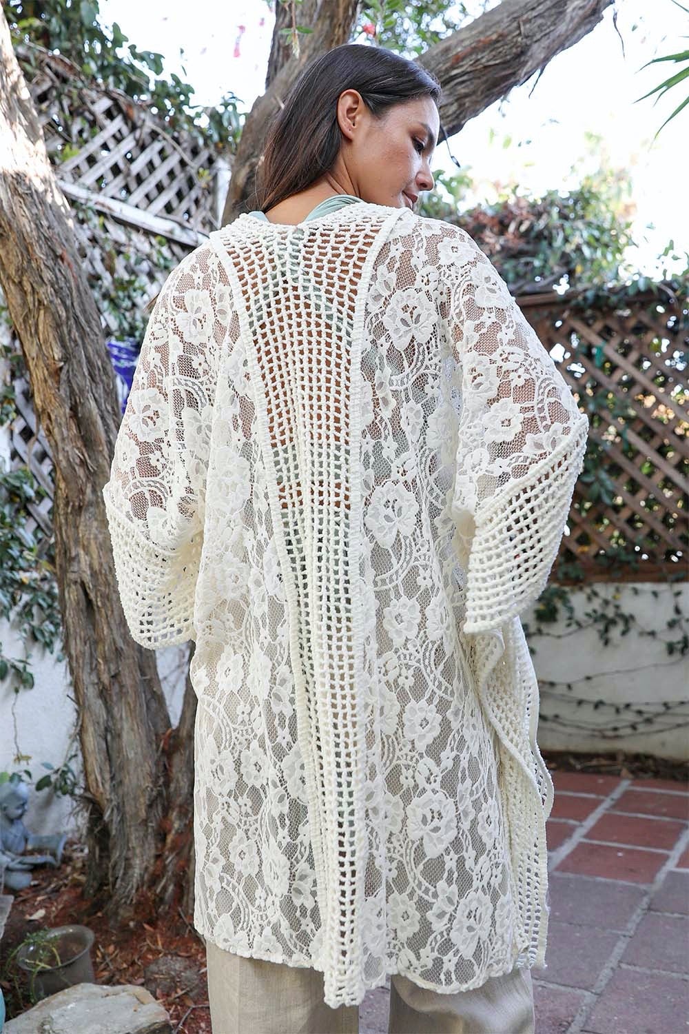 Open Front Floral Knit Kimono Cardigan
