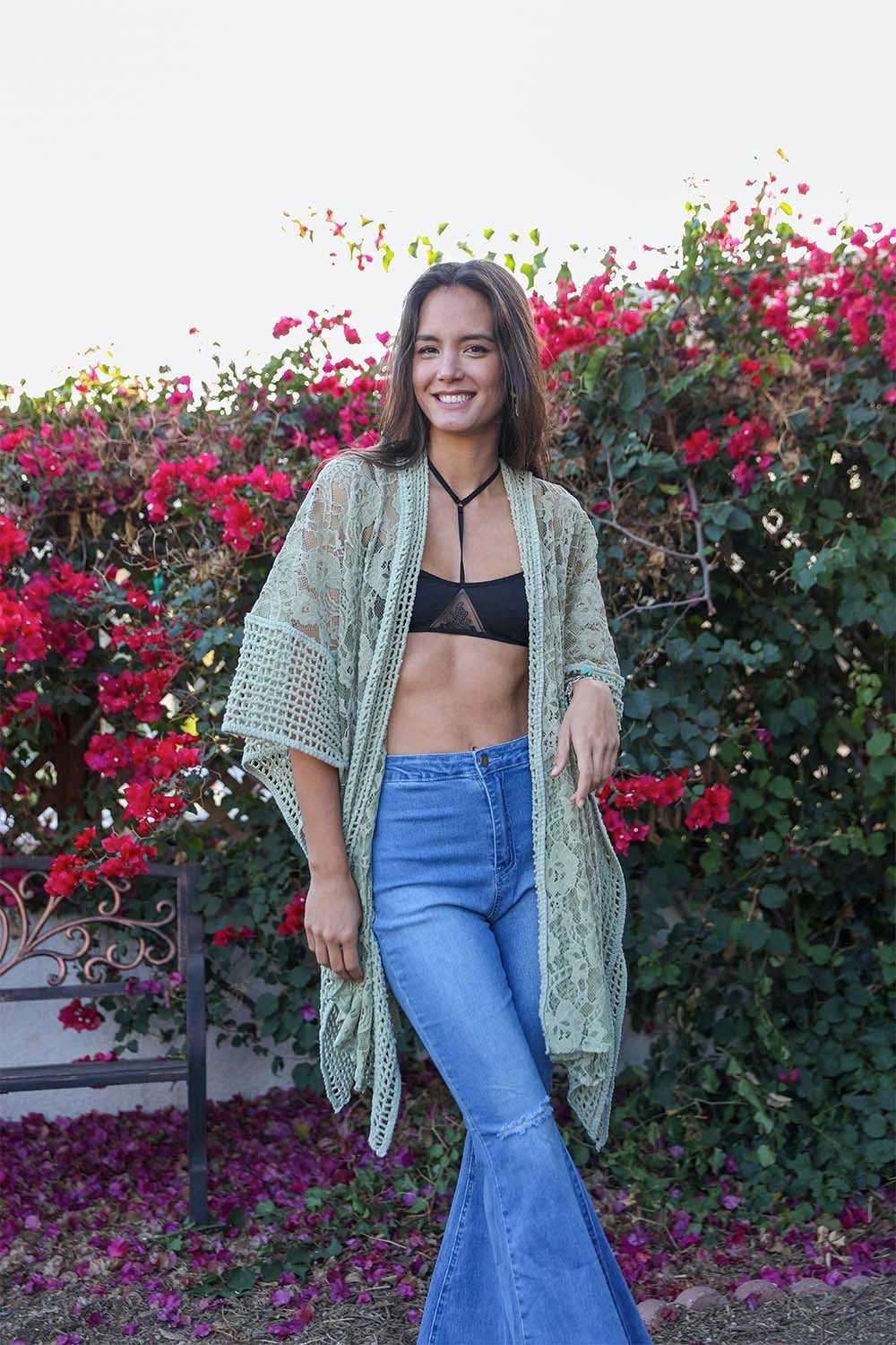 Open Front Floral Knit Kimono Cardigan