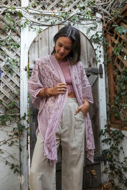 Open Front Floral Knit Kimono Cardigan