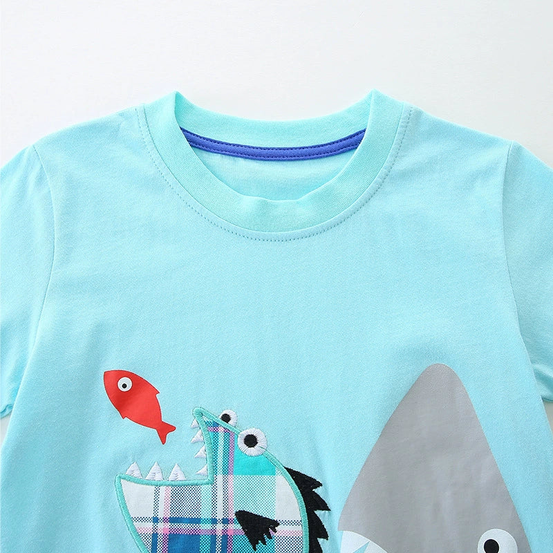 Summer Baby Kids Cartoon Marine Animals Pattern T-shirt and Plaid