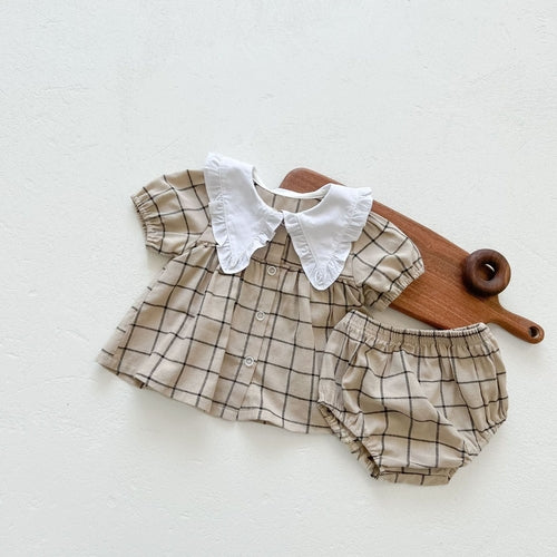 Baby Girls Lapel Collar Short Sleeve Top Combo Short Pants In Sets