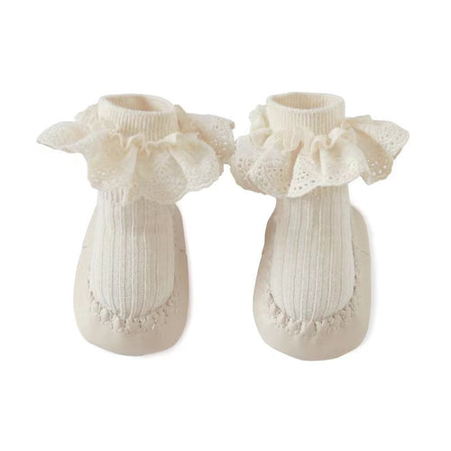 Baby Girl Ribbed Knitted Graphic Lace Design Non-Slip Mid Tube Shoes