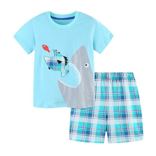 Summer Baby Kids Cartoon Marine Animals Pattern T-shirt and Plaid