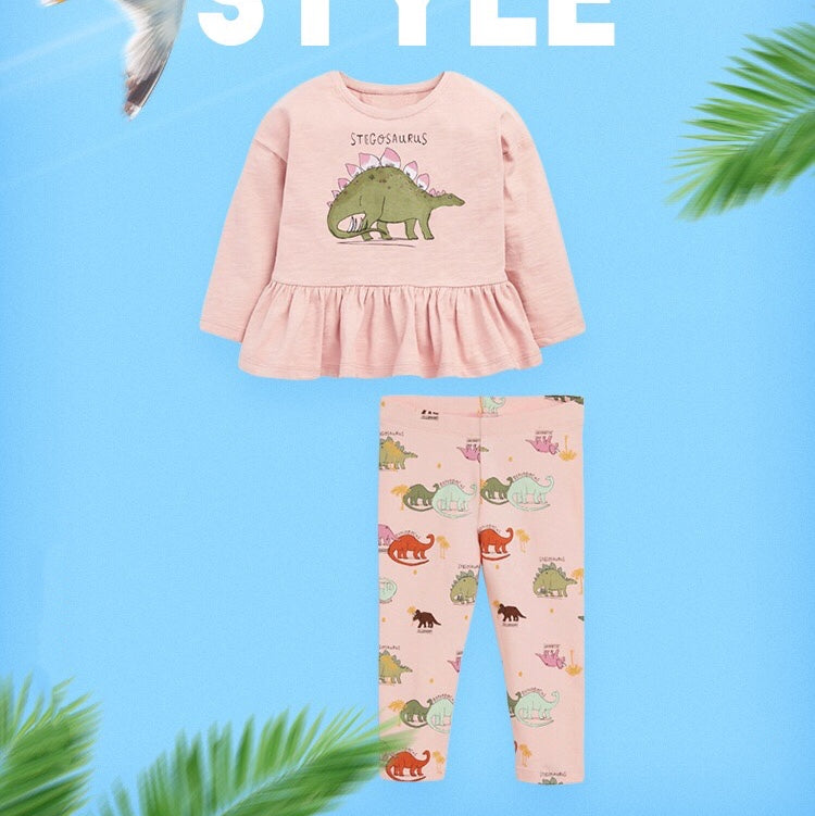 Baby Girl Cartoon Dinosaur Graphic Ruffle Hem Shirt Combo Pants Cute
