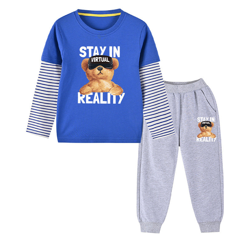 Baby Boy Bear Pattern False 2 Pieces Design Shirt With Pants Sets