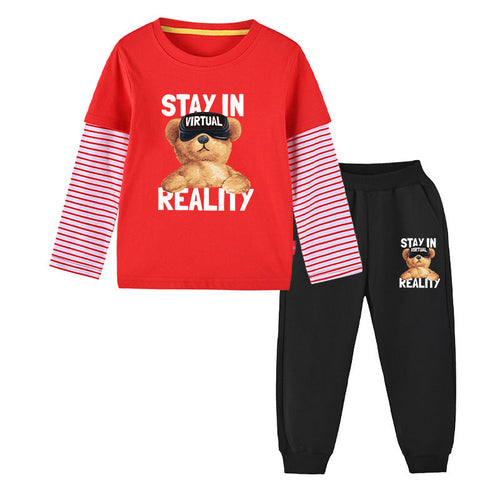 Baby Boy Bear Pattern False 2 Pieces Design Shirt With Pants Sets