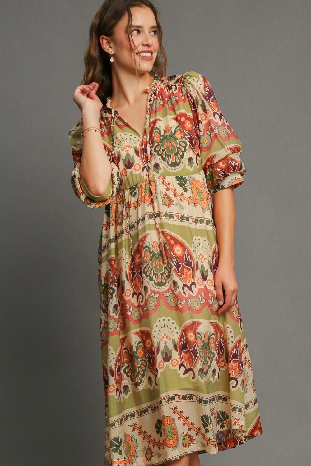 Full Size Tiered Border Print Midi Dress