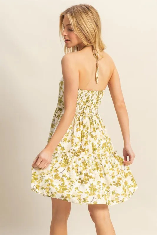 Floral Print Halter Neck Tiered Mini Dress