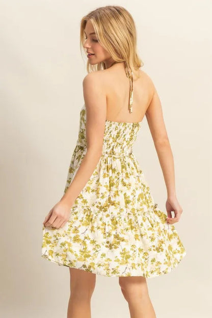 Floral Print Halter Neck Tiered Mini Dress