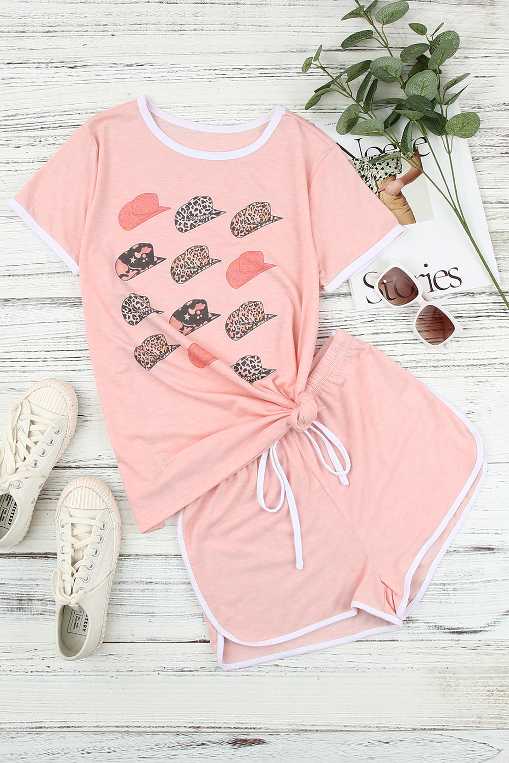 Leopard Hat Print Short Sleeve T-Shirt & Shorts