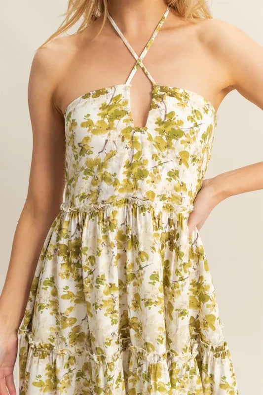Floral Print Halter Neck Tiered Mini Dress