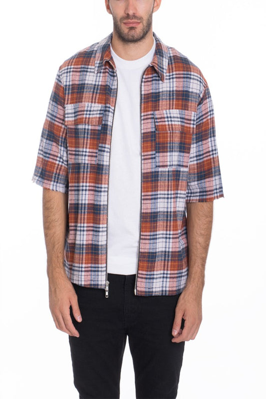 Zip Up Flannel Short Sleeve Shirt S115