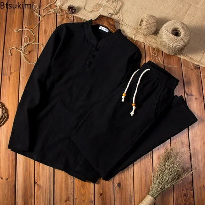 Cotton Linen Men's Long-sleeved Shirt & Pants