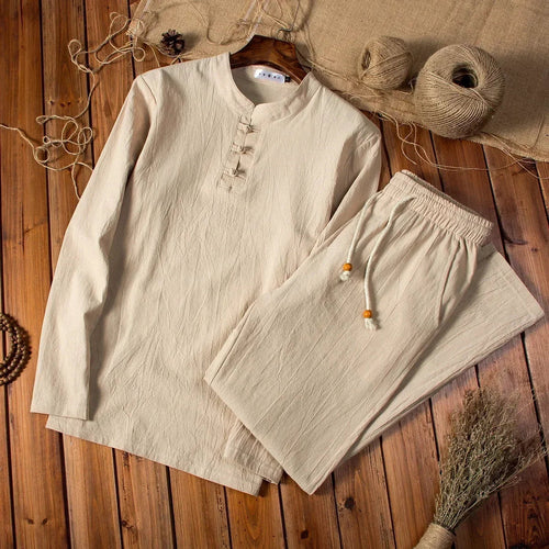 Cotton Linen Men's Long-sleeved Shirt & Pants
