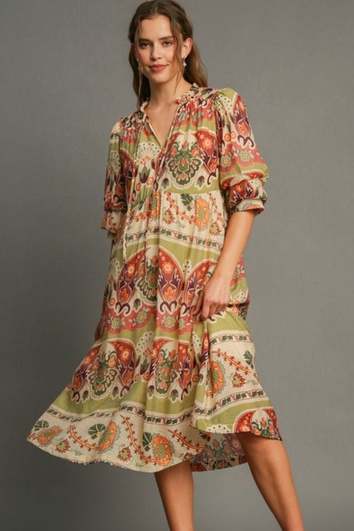 Full Size Tiered Border Print Midi Dress