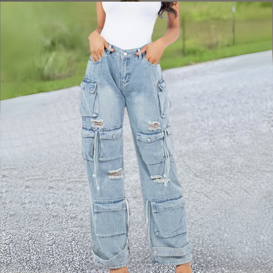 Women's Cargo Style Denim Jeans Pants