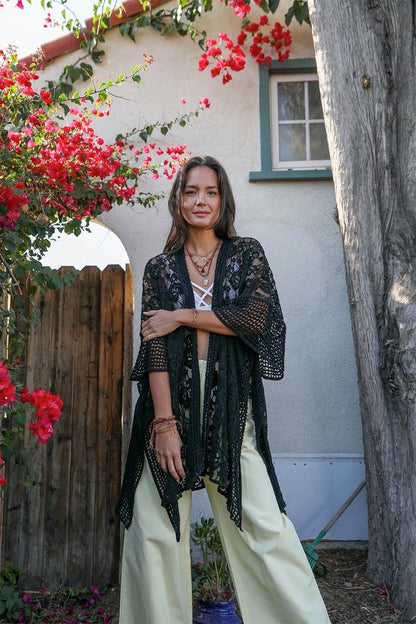 Open Front Floral Knit Kimono Cardigan