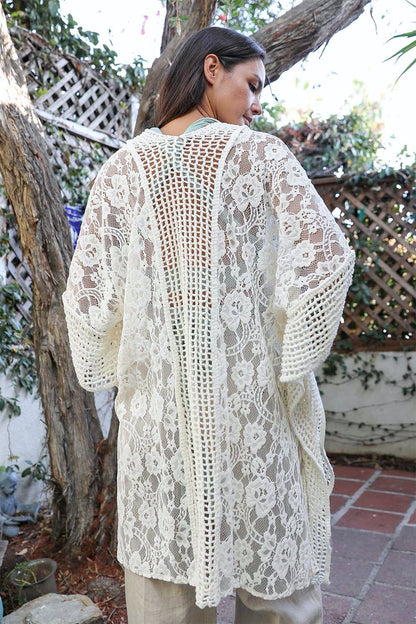 Open Front Floral Knit Kimono Cardigan