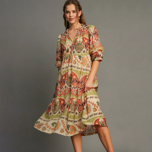 Full Size Tiered Border Print Midi Dress
