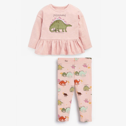Baby Girl Cartoon Dinosaur Graphic Ruffle Hem Shirt Combo Pants Cute