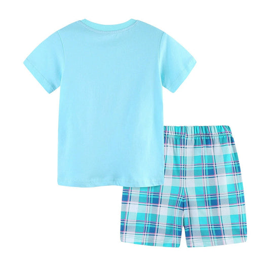 Summer Baby Kids Cartoon Marine Animals Pattern T-shirt and Plaid