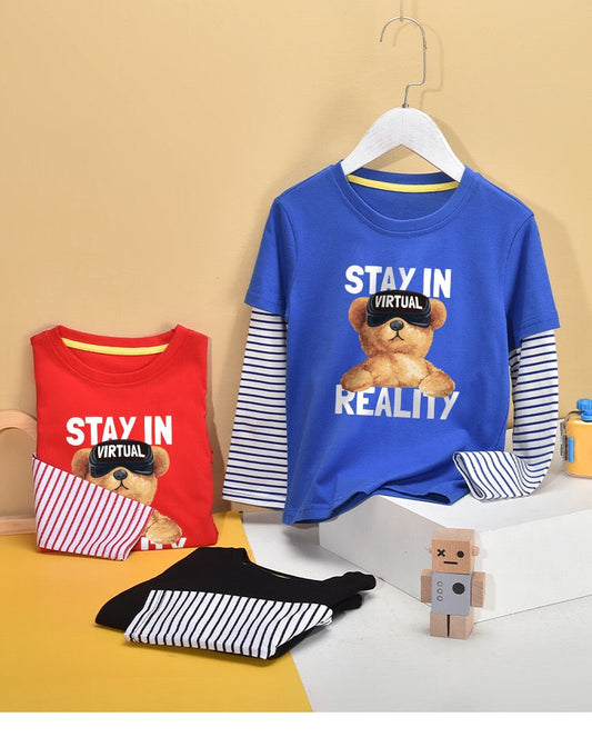 Baby Boy Bear Pattern False 2 Pieces Design Shirt With Pants Sets