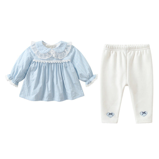 Baby Girl Solid Color Mesh Patchwork Design Shirt Combo Pants Sets