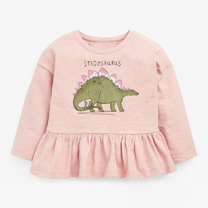 Baby Girl Cartoon Dinosaur Graphic Ruffle Hem Shirt Combo Pants Cute