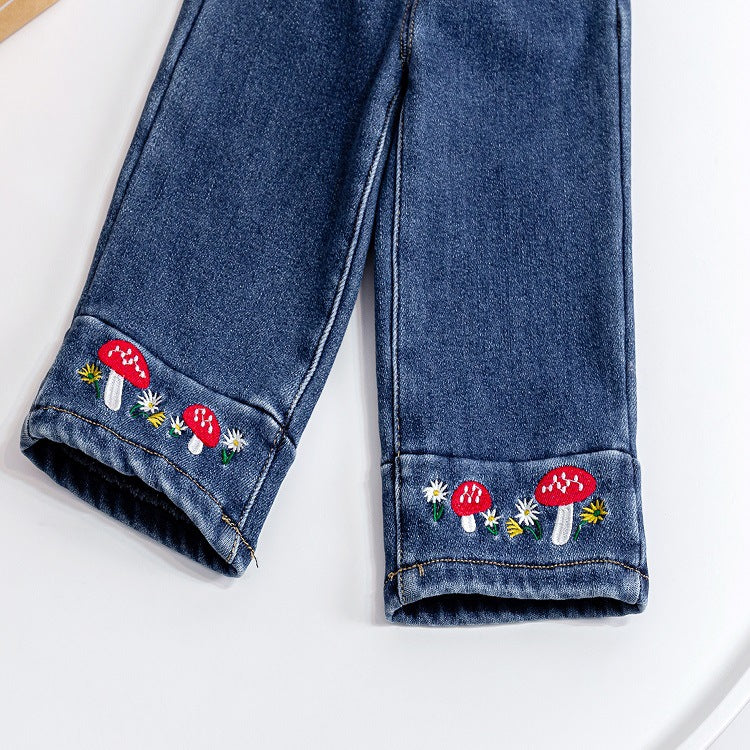 Baby Girl Thickened Fleece Denim Pants