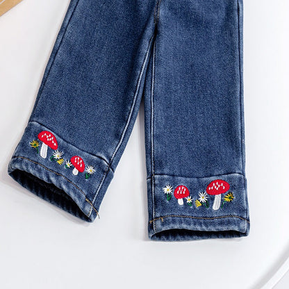 Baby Girl Thickened Fleece Denim Pants