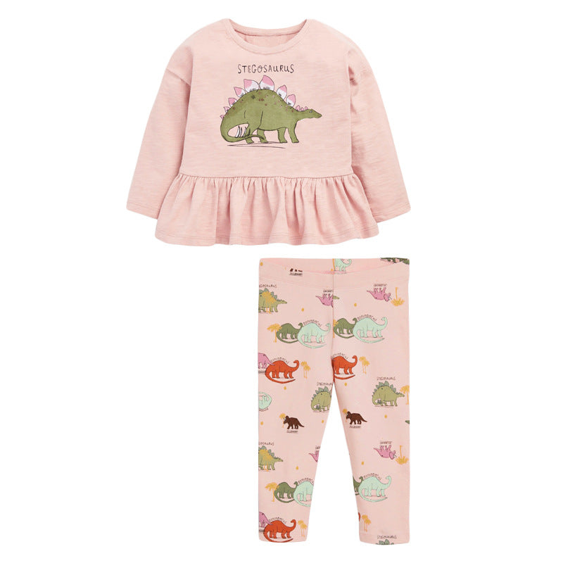 Baby Girl Cartoon Dinosaur Graphic Ruffle Hem Shirt Combo Pants Cute
