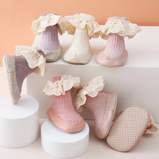 Baby Girl Ribbed Knitted Graphic Lace Design Non-Slip Mid Tube Shoes