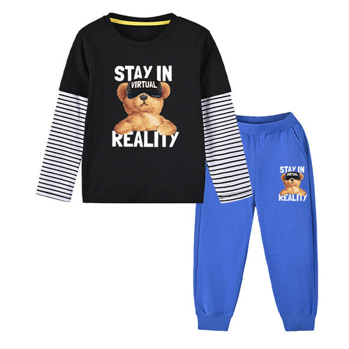 Baby Boy Bear Pattern False 2 Pieces Design Shirt With Pants Sets