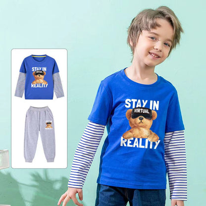 Baby Boy Bear Pattern False 2 Pieces Design Shirt With Pants Sets